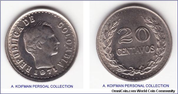 KM-245, 1971 Columbia 20 centavos, legend parting after REPUBLICA DE, shallow reeded edge of the nickel plated steel; high grade, maybe about uncirculated but weak srike on reverse in the center