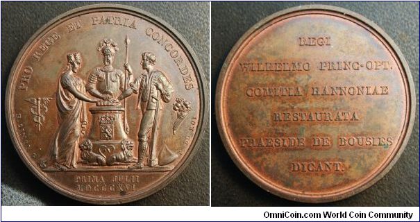 William Ist, United Kingdom of the Netherlands.  Commemorative Medal of the Installation of the Province of Hainaut. Obv. PRO REGE ET PATRIA CONCORDES H. SIMON. G. P. DU ROI. l'exergue : PRIMA JULII MDCCCXVI.
(Treaty for King and Country July Ist 1816). Rev. Dans le champ :REGI WILHELMO PRINC-OPT.COMITIA HANNONIAE RESTAURATA PRAESIDE DE BOUSIES DICANT.
(To the rule of William, the greatest prince, the people of Hainaut restored by the committee of Bousies decree.)  Bronze  47mm.