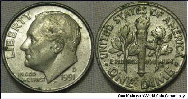 off centre and lustrous 1991 D dime