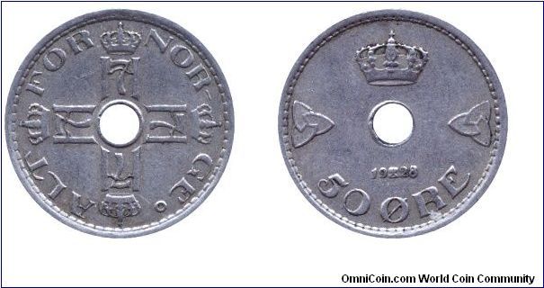 Norway, 50 öre, 1928, Cu-Ni, holed, Monogram of King Haakon VII.                                                                                                                                                                                                                                                                                                                                                                                                                                                    