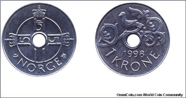 Norway, 1 krone, 1998, Cu-Ni, Diameter: 21mm, Weigth: 4.32g, holed, The motif on the reverse of the coin is a bird sitting on a branch. The motif is a free copy of the carving on the portal of Hylestad Stave Church, Setesdal, Monogram of King Harald V.                                                                                                                                                                                                                                                        