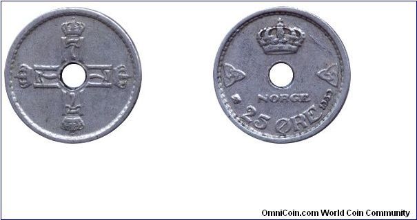 Norway, 25 öre, 1939, Cu-Ni, holed, Monogram of King Haakon VII.                                                                                                                                                                                                                                                                                                                                                                                                                                                    