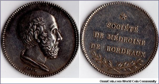 silver jeton de presence issued for the `Societe de Medecine de Bordeaux. Undated, but struck `en medaille' (medal orientation) in 1853.