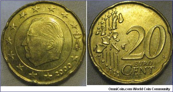 lustrous 2000 20 cent from belgium 181,000,000 minted, possible wear of the dye on reverse