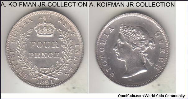 KM-26, 1891 British Guiana (West Indies) 4 pence; silver, reeded edge; Victoria, this small coin is in very nice condition, looks uncirculated or very close to although the toning is a bit unnatural so I will not vouch for it not be have been wiped at some point of time in the past; still very nice and appealing, I may grade it one day.
