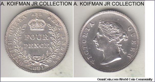 KM-26, 1891 British Guiana or West Indies 4 pence; silver, reeded edge; this small coin is in very nice condition, looks uncirculated or very close to although the toning is a bit unnatural so I will not vouch for it not be have been wiped at somepoint of time in the past; still very nice and appealing, I may grade it one day.