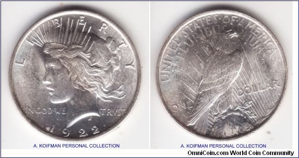 KM-150, 1922 Unites States Peace dollar, no mint mark which makes it Philadelphia mint; reeded silver; average uncirculated with some minor bag marks