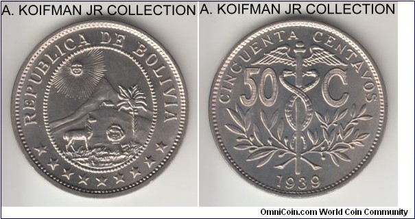 KM-182, 1939 50 centavos, Huguenin mint (Switzerland, no mint mark); copper-nickel, plain edge; 1-year type, nice brilliant uncirculated coin. 
