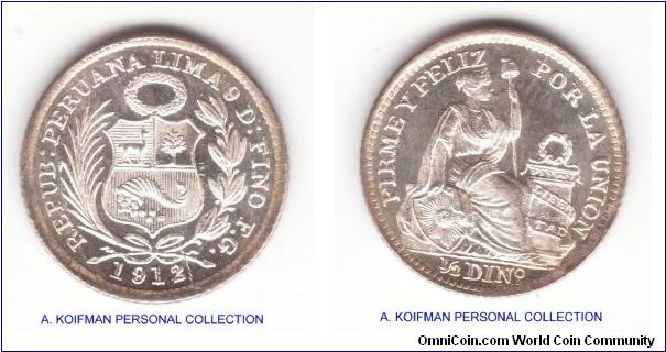 KM-206.2, 1912 Peru half dinero; silver reeded edge; F.G. mint master; brilliant uncirculated, proof like and highly reflective surfaces.