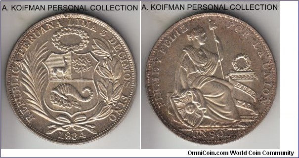 KM-218.2, Peru 1934 sol; silver, reeded edge; common tear but nice uncirculated proof-like crown.