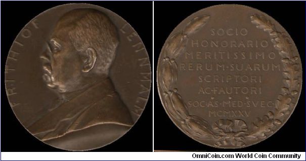 Medal of Frithiof Lennmalm.  C.C.Sporrong & CO..
Sweden.  Bronze.