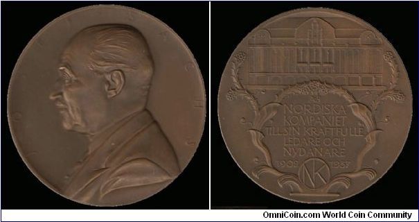Medal of Josef Sachs.  Founder of Nordiska Kompaniet.  Silver Anniversary of store, 1902-1937. Sporrong & Co..  Sweden.  Bronze.