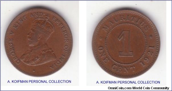 KM-12, 1921 Mauritius cent; bronze plain edge; looks like a good extra fine to me.
