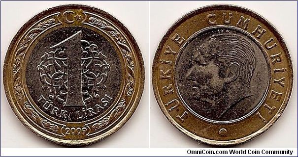 1 Lira
KM#1244
Bi-Metallic Copper-Nickel center in Brass ring Obv: Head of Atatürk left Rev: Value