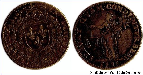 1583 yellow copper jeton issued for the police based at Le Chatelet (Paris). Exceptionally good condition for this type.