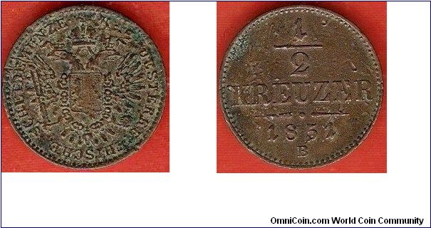 1/2 kreuzer
mintmark B = Kremnitz (Hungary)
copper