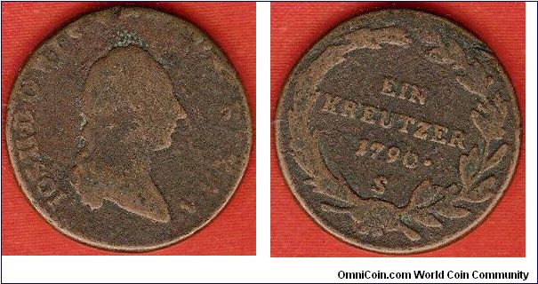 1 kreuzer
Josef II
mintmark S = Schmollnitz (Hungary)
copper