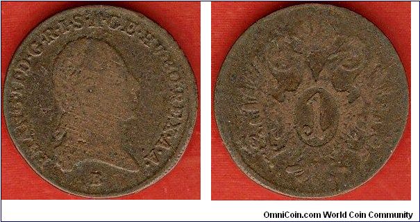 1 kreuzer
Franz II, as Holy Roman Emperor
mintmark B = Kremnitz (Hungary)
copper