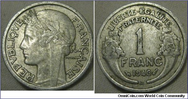 nice 1946 B franc, still good detail on obverse