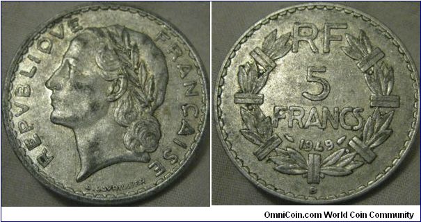 1949 B 5 francs, some scuffs but lustre traces