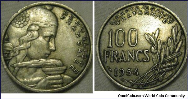 EF 1954 B 100 francs, love the design on obverse, a nice coin, nice scarcer mint and just a bit of dirt