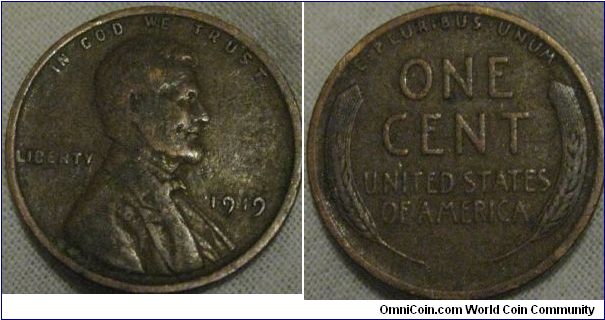Fine, 1919 1 cent, looks nice.