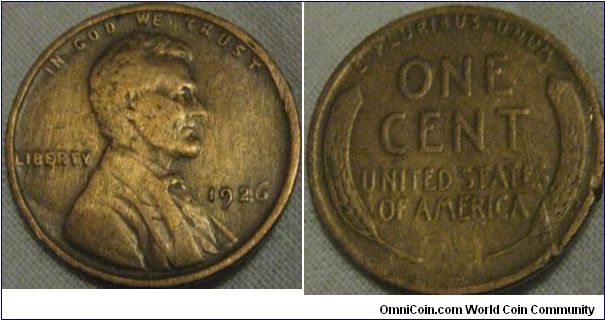very worn 1926 cent, light brown