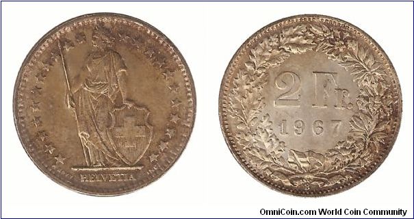 2 Franc.  Beautifully Toned.  Mintage 4,132,000.