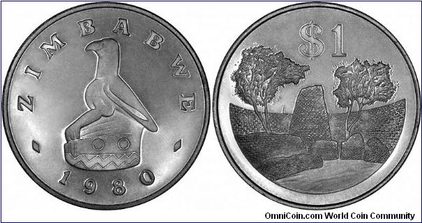 Great Zimbabwe ruins on obverse of 1980 Zimbabwean dollar. Obverse shows a stone-carved Zimbabwe Bird. Highest denomination of a 6-coin proof set issued in 1980, the first year of Zimbabwe's coinage in its own (new) name.