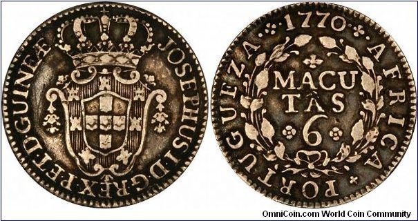 Silver (but with coppery toning) 6 Macutas from 'Africa Portugueza', with name of  Joseph I, King of Portugal (1750-1777).