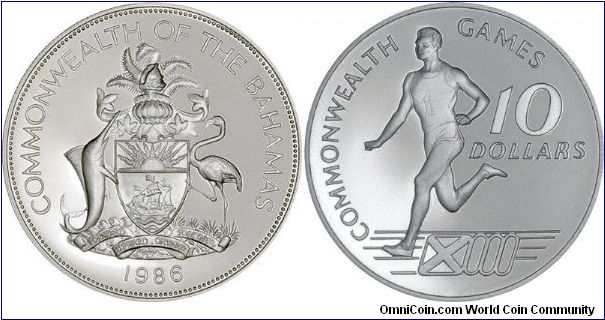 Issued for the 13th Commonwealth Games, held Edinburgh. The games were boycotted by a large number of African, Asian and Caribbean countries, reducing them almost to a whites-only affair. In all 32 of the 59 Commonwealth nations due to take part boycotted the Games, including Bahamas, but it still issued a commemorative silver proof $10 coin!