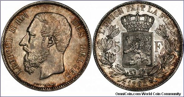 Nicely toned Belgian silver 5 francs of Leopold II. He is chiefly remembered as the founder and sole owner of the Congo Free State, a private project undertaken by the King. The state included the entire area now known as the Democratic Republic of the Congo.