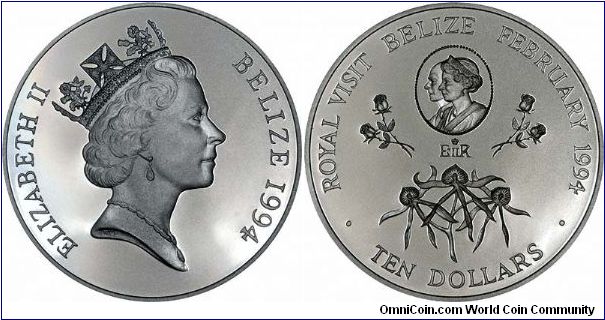 Black orchids & roses feature on reverse on 1994 Belize Royal Visit (to Caribbean) silver proof $50 coin. Part of a 6 coin set, 1 each from 6 Caribbean countries.