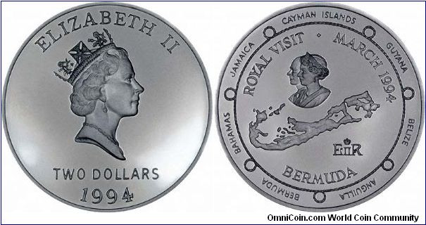 A map of Bermuda's archipelago, with small conjoined portraits in a rope border appear on the reverse of this 1994 silver proof $2 coin for the Royal Visit. The obverse design is also unusual.