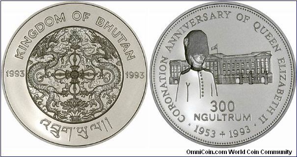 One would not expect the remote and isolated Himalayan Kingdom of Bhutan to commemorate the Queen of England's 40th Coronation anniversary, and Bhutan is hardly a prolific coin issuer. Perhaps the connection is one monarchy recognising another. Silver proof 300 Ngultrum.