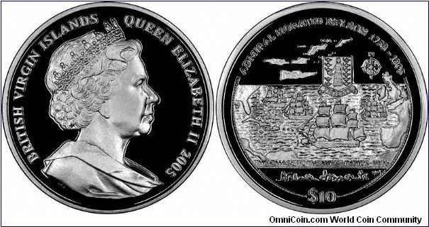A Nelson Bicentenary silver proof $10 crown from BVI. The theme of the reverse is the 'Chase to the West Indies', when Nelson followed the French fleet under Admiral Villeneuve having allowed it to escape from Toulon (Jan 1805).