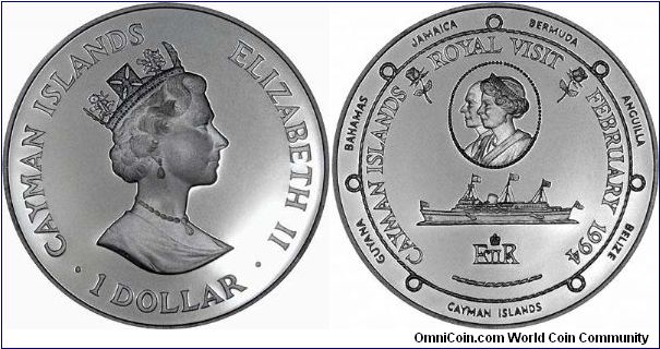 The Royal Visit February 1994 with the Royal Yacht Britannia is featured on the reverse of silver proof dollar, part of a 6-coin international collection.