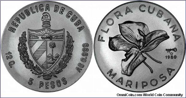 A Mariposa flower on the reverse of a Cuban silver 5 Pesos 'Flora Cubana'.