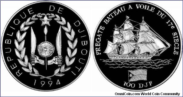 We tend to see very few coins of Djibouti, partly because of its small population, and therefore low mintages. The coin pictured is a silver proof coin marketed as part of a collection of 'Ships and Explorers'. Reverse: A 17th century frigate (sailing ship) in full sail, with a representation of the Djiboutian flag in an exergue formed by waves, with the legend:
FREGATE BATEAU A VOILE DU 17e SIECLE
100 DJF. Obverse: The coat of arms of the Republic of Djibouti.