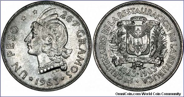 Centenary of the Restoration of the Republic, 1863 - 1963, commemorated on silver 1 Peso.