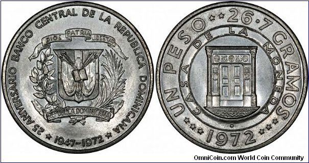 The Central Bank of the Dominican Republic in Santo Domingo was created on October 9th, 1947. We believe it also incorporates the DR Mint (Casa de la Moneda), which is shown on the reverse of this silver Peso to commemorate the 25th anniversary of the 'Banco Central'.