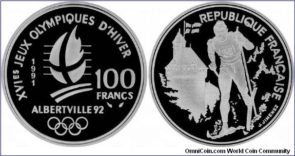 Ski de fond (cross country skiing), events were held at  Les Saisies, about 40 km from host city Albertville. The complete set consists of 9 silver proof 100 Francs crown (dollar) sized coins.