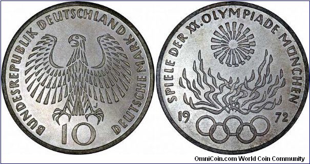 Olympic flames and rings on German silver 10 marks for the 1972 Munich XX Olympiad. From memory, there were 24 coin designs  issued in 6 series.