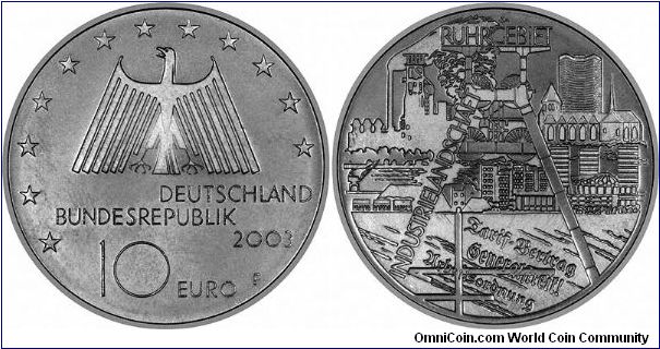 The German Mints continue to issue a series of silver 10 euro commemorative coins, 4 designs each year. This 2003 coin features the Ruhrgebeit Industrieland (the Ruhr industrial area).