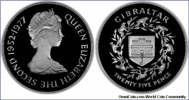 Silver proof 25 pence crown to commemorate the Queen's Silver Jubilee, 1952 - 1977. Reverse: Gibraltar shield of arms inside a wreath with Barbary Apes.