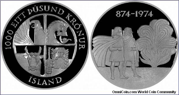Silver proof 1,000 Kronur, part of a 2-coin set issued in 1974 for the 1100th anniversary of its first Settlement in 874.