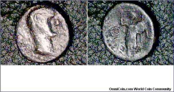 From Askelon
Year 10BC.

Obv; Portrait of Cesar August

Rev; Goddess Paanebal, holding spear and shield.