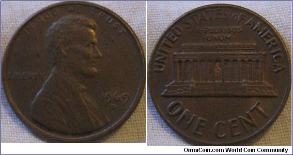 nice 1969 d cent, lustre faded
