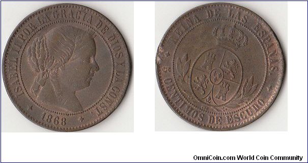 5 Centimos de Escudo 1868 OM
4-Pointed Star

(Small rim nick)