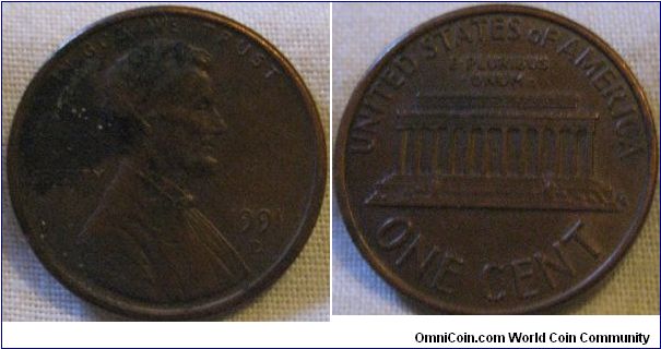 no lustre, 1991 D cent. some corrosion